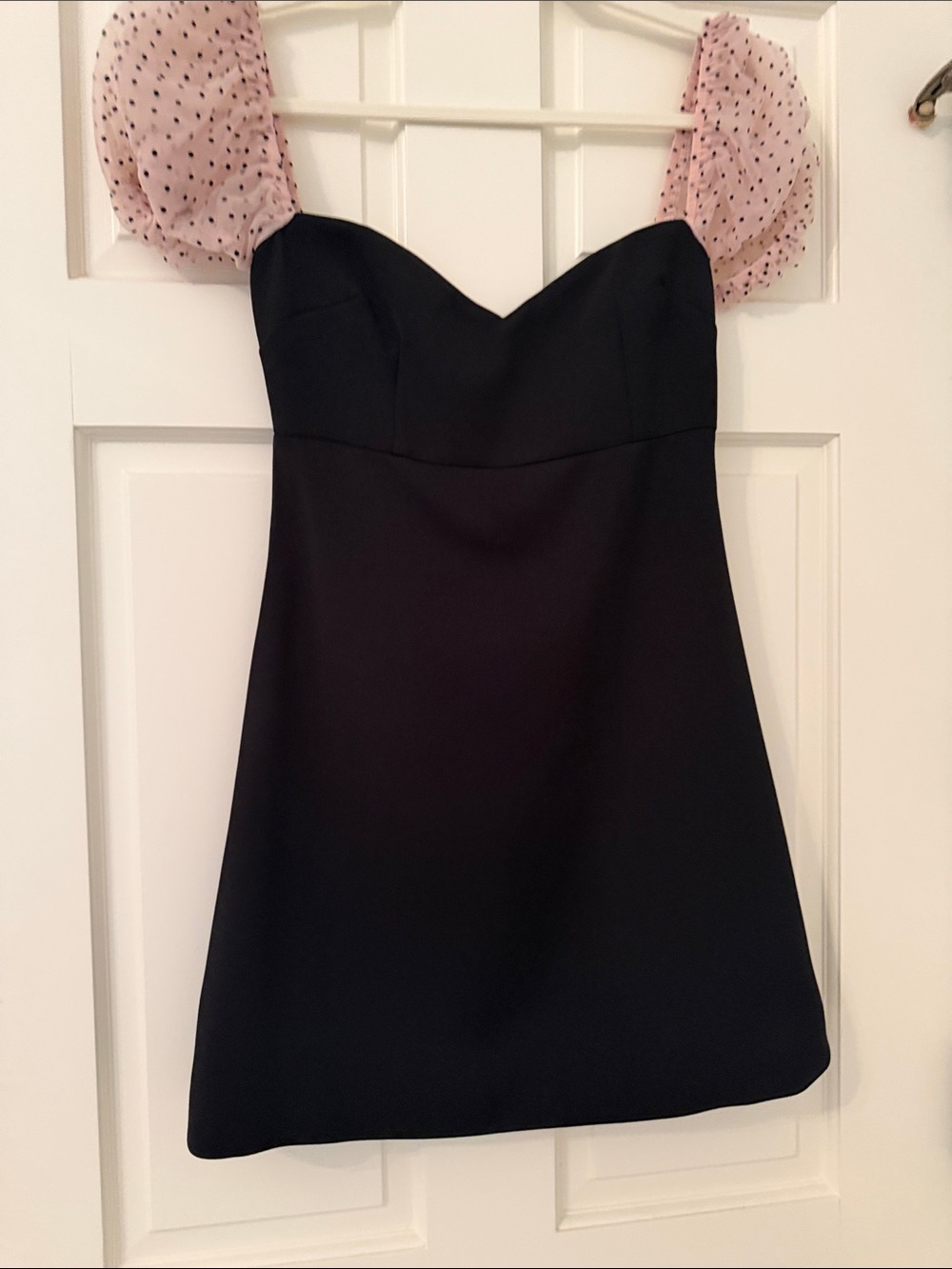 Hello Molly Black Mini Dress with Pink Polka Dot Puff Sleeves